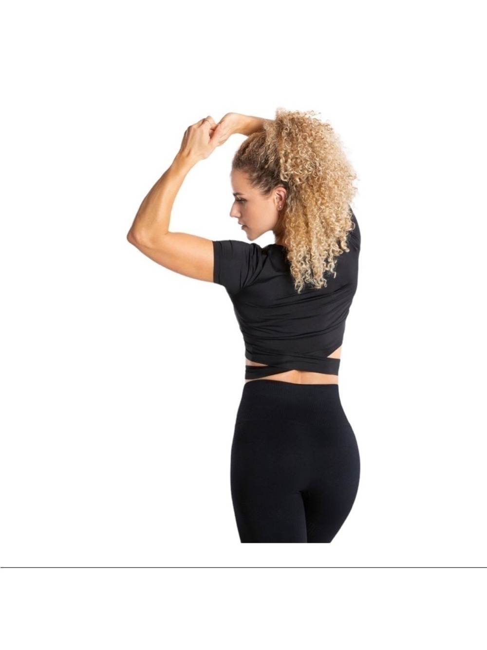 Women's Black Short-Sleeve Crop Top Tie-Waist - Picture 3 of 7